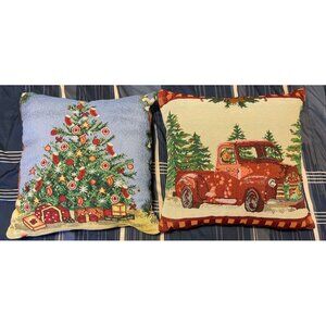 Set Of 2 Christmas-Themed Decorative Throw Pillows With Tree & Truck Design